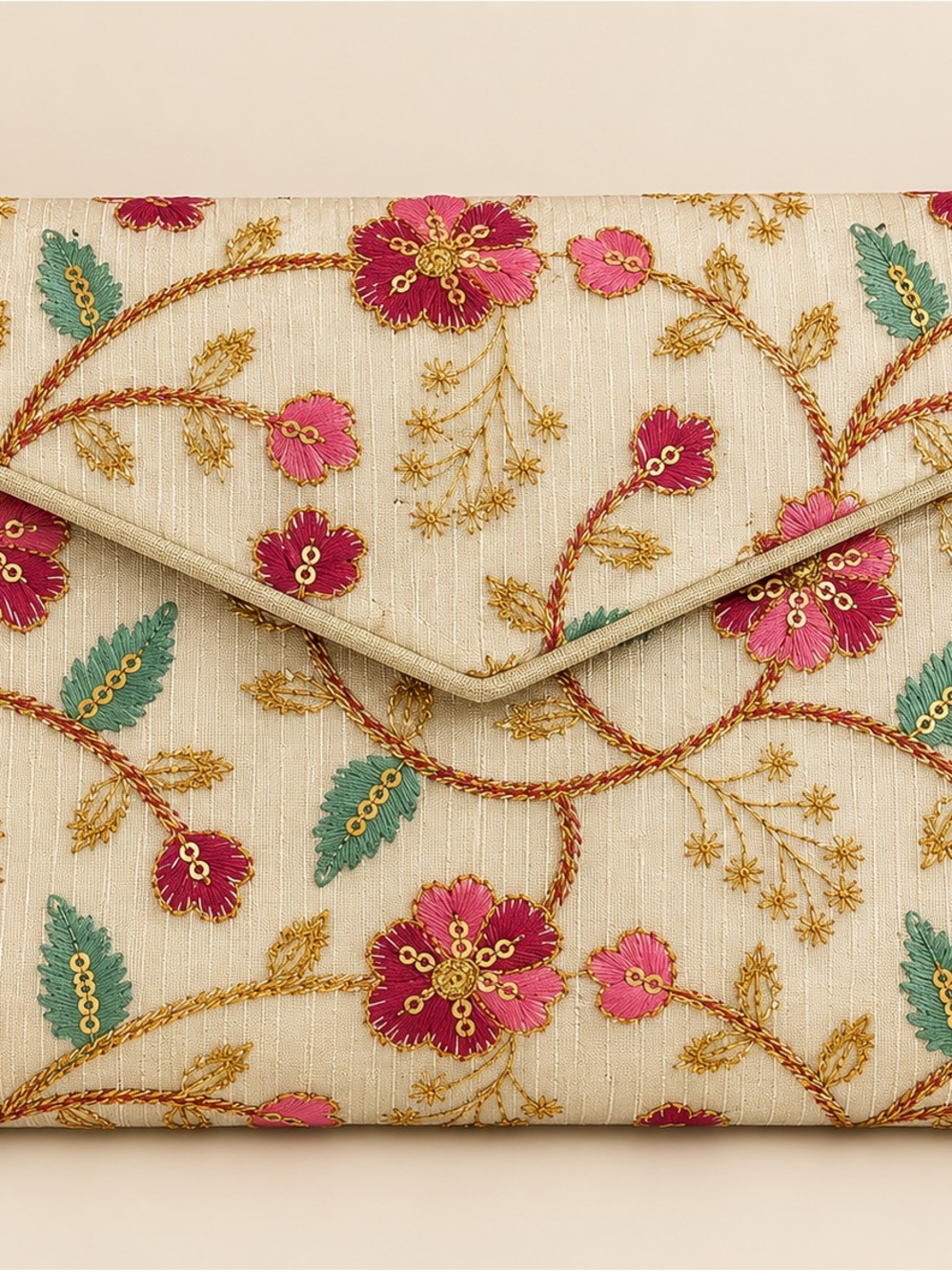 Embroidered Floral Envelope Clutch in Ivory and Pink